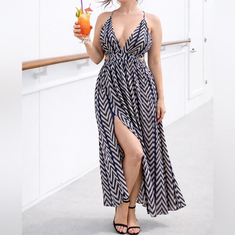 Boho Chevron Cutout Maxi Sundress S Navy White Geometric Papaya Vacation Slit